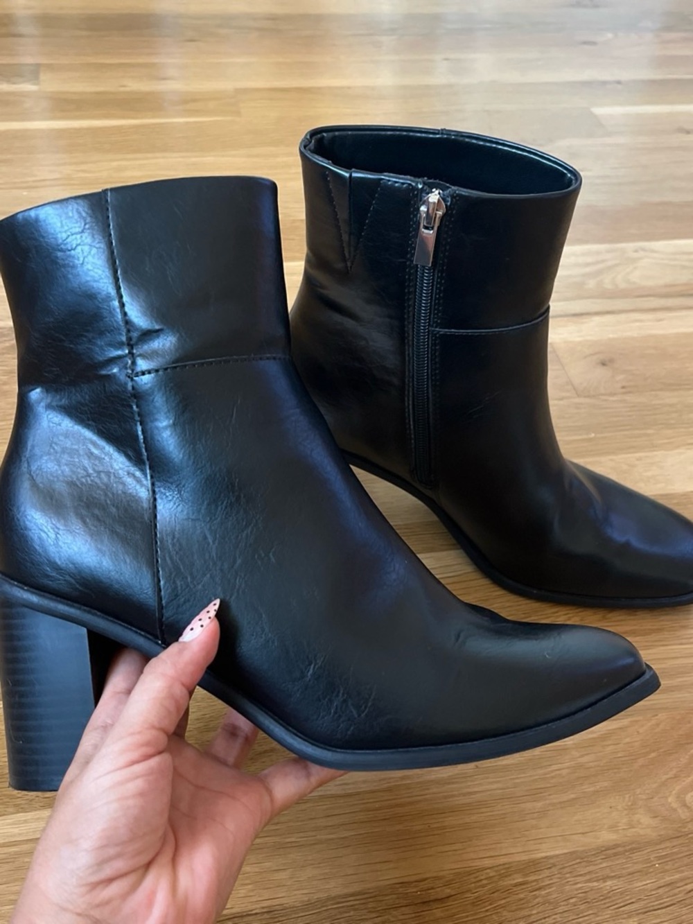 Women's Black Leather Ankle Booties with Side Zip and Block Heel